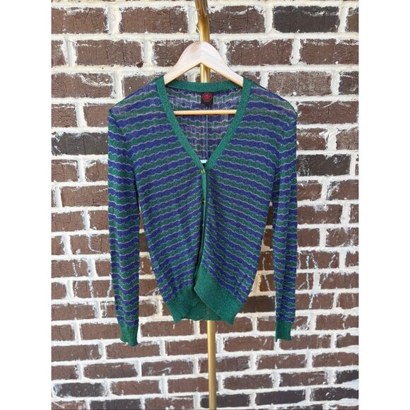 NWT Happy Sheep Lurex Italian Blue & Green Metallic Button Cardigan Size Large - Picture 1 of 6
